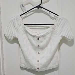 Cotton Candy LA White Puff Sleeve Ribbed Crop Blouse